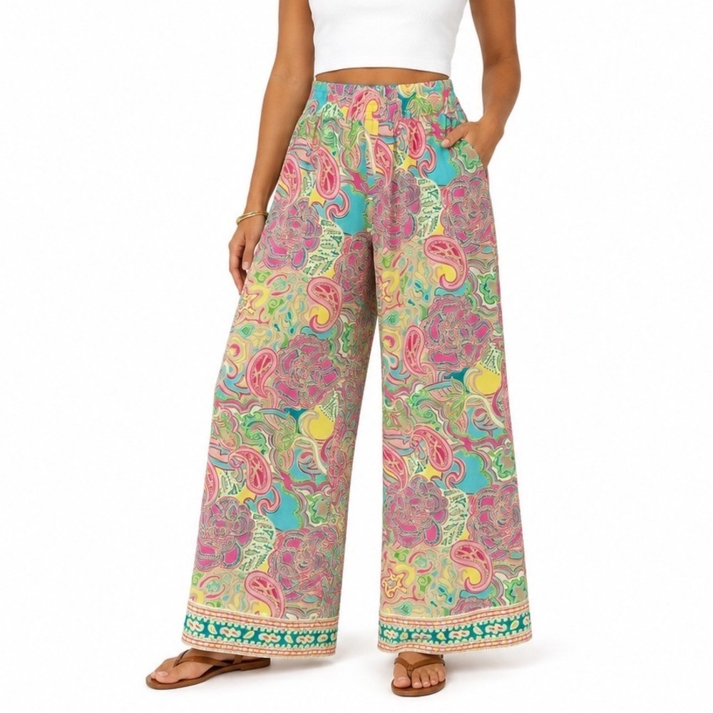 Lilly Pulitzer Silk Pant Medium Paisley Palazzo Pink Turquoise Lounge Resort